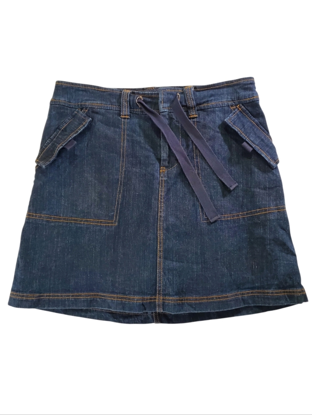 7652 * High Sierra Indigo Denim Mini Skirt Ribbon Tie Utility Pockets Size 6